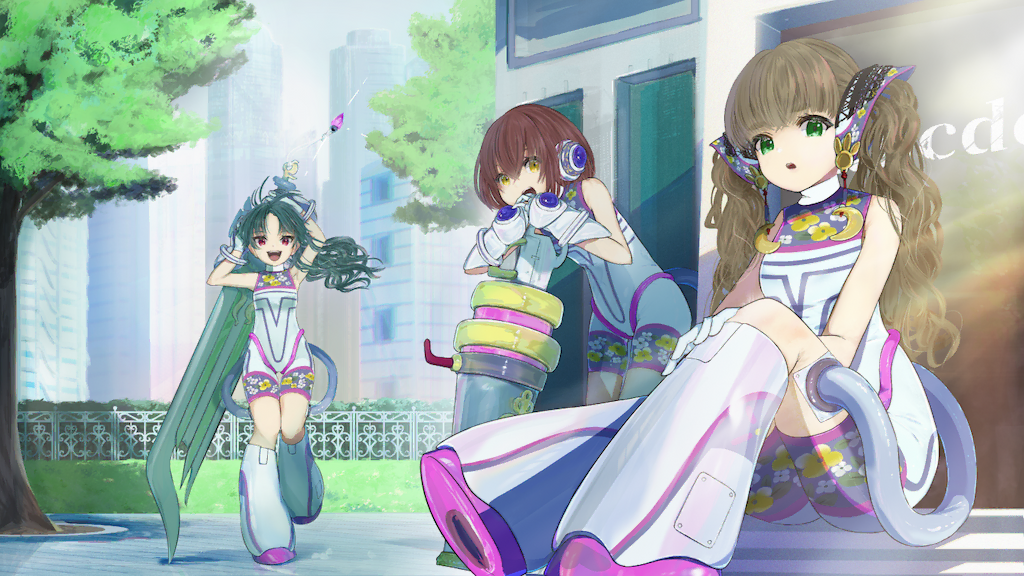 3人の可愛らしい小さな女の子を描いたイラスト。3人とも白地にピンクやグレーのラインが入った不思議なデザインの服を着ている